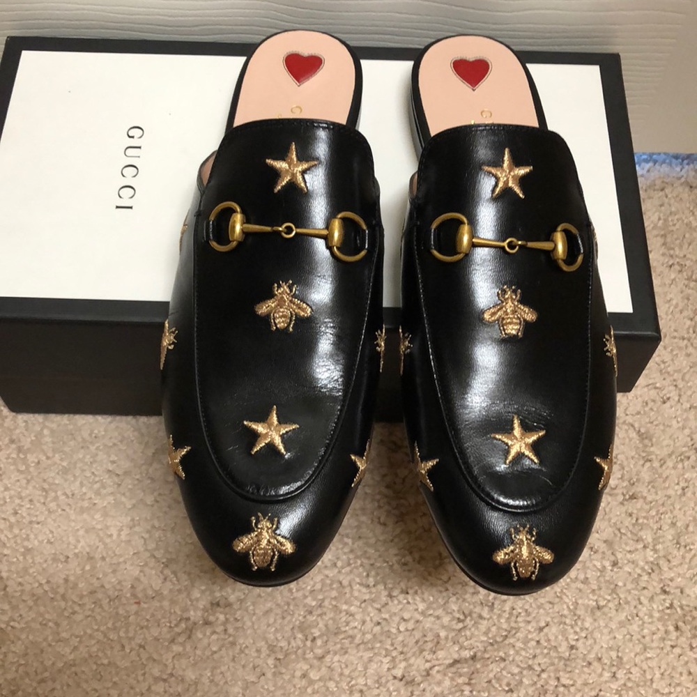 Auth Gucci Princetown embroidered leather slipper